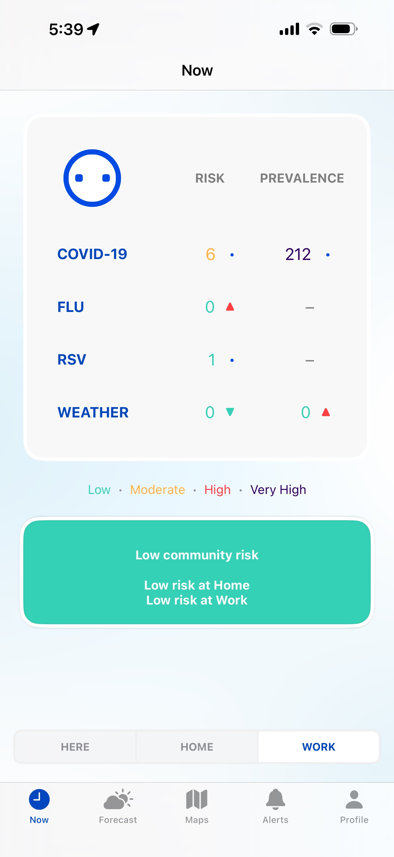 bub app — home tab with current health risk levels